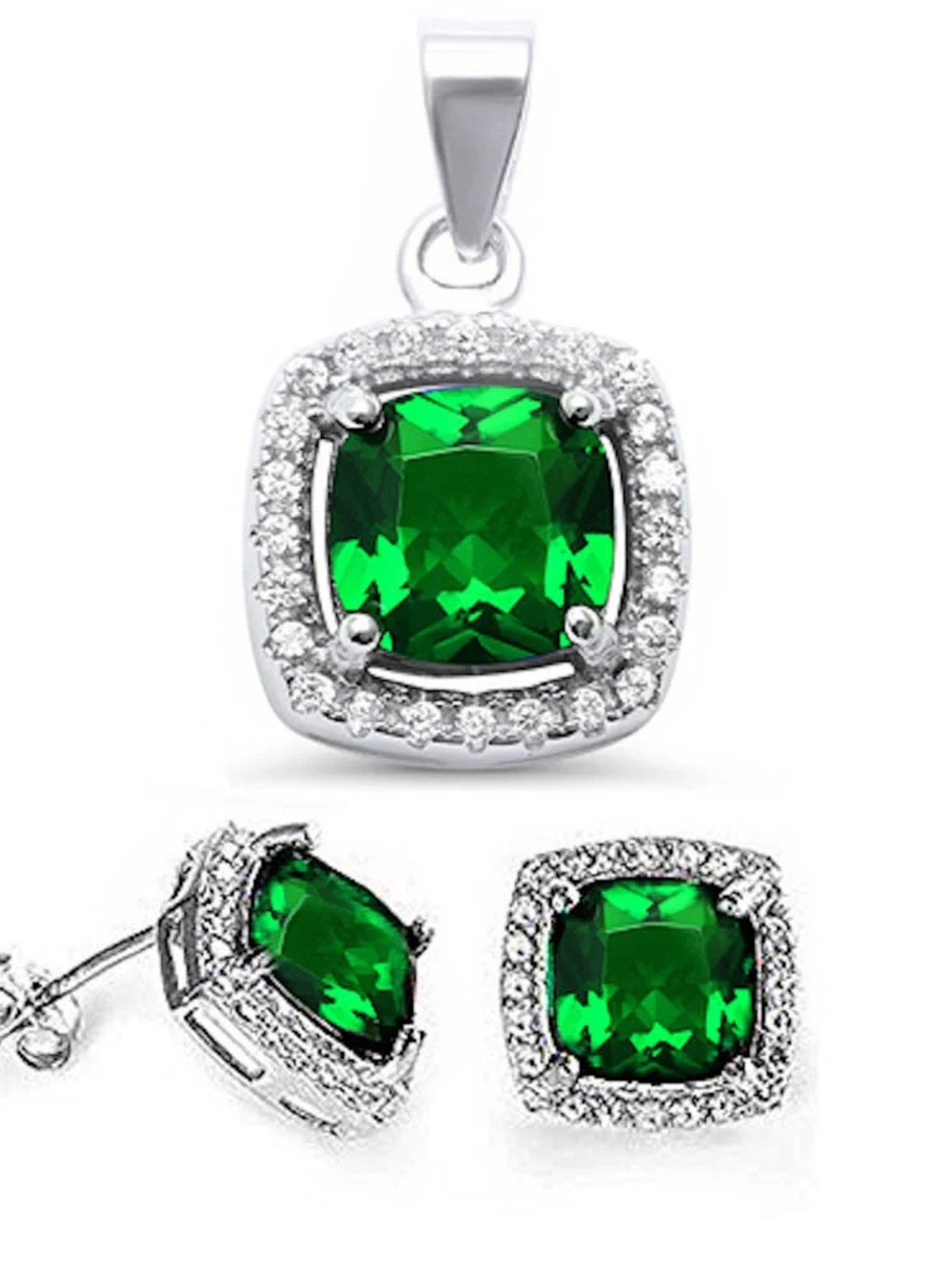 Emerald Green Cushion Halo Pendant & Stud Earrings Set